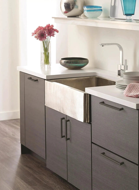 Modern kitchen with Matte Black Revolve Cabinet Pull 5-1/16 Inch Center To Center For Modern Cabinets And Drawers on gray cabinets