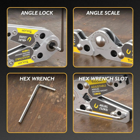 Adjustable Angle Welding Magnet With 20 To 200 Degree Range And 48 Lbs Magnetic Hold for ferrous parts with hex wrench and angle scale.