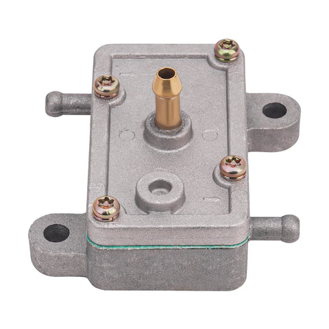 AHL fuel pump; top-down view showing metallic gray body, brass outlet, mounting tabs and green gasket.