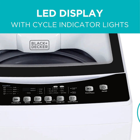 Close-up of Portable Washer 3 Cu Ft, 6 Cycles, LED, Transparent Lid, Drain Hose Included showing LED display and control panel