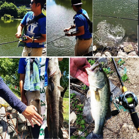 Fishing Rod And Baitcasting Reel Combo 4 Section Carbon Casting Rod Baitcasting Reel Set used for catching fish by river.