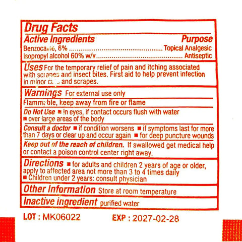 Product label showing drug facts for topical analgesic with benzocaine and isopropyl alcohol, includes directions and warnings.