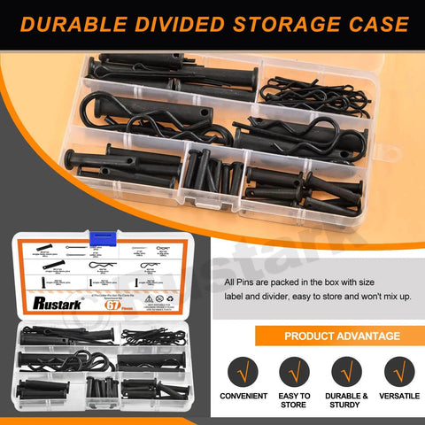 67Pcs Black Cotter Pins Hair Pin Clips Clevis Pins R Clips And Spring Pin Fasteners Kit in transparent storage box.