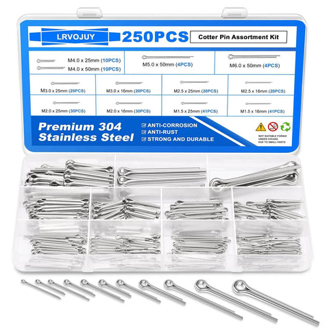 250 Piece Cotter Pin Assortment Kit 12 Sizes 304 Stainless Steel Hardware Pins For Trailer Truck Tractor Automotive Hitch And Locking Systems Ready To Roll Heavy Duty Corrosion Resistant Rust Proof Smooth Burr Free Finish in a labeled case