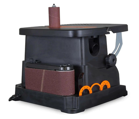 Powerful Heavy Duty Oscillating Belt And Spindle Sander with Four By Twenty Four Inch Belt, front view showing sanding drum.