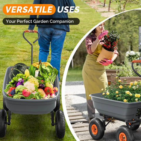 Heavy Duty Dump Cart Wagon With Quick Release Dump carrying vegetables and flowers, 600 Pound Capacity and all terrain tires