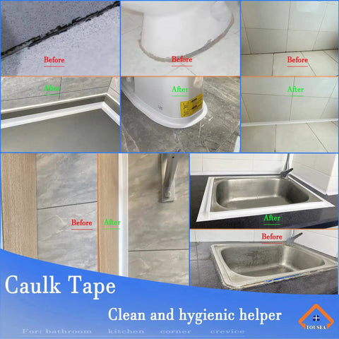Waterproof Self Adhesive Sealant Tape For Bathrooms And Kitchen White showcasing before and after sealing results on tiles and sinks.