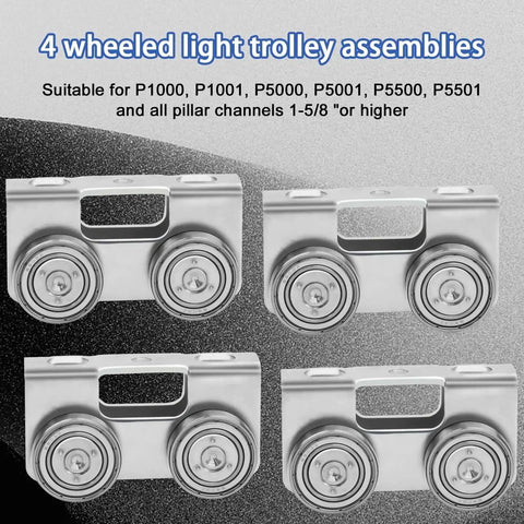 Image of four-wheel light duty trolley assembly for 1-5/8 inch channel strut high strength solid steel zinc galvanized, four pack