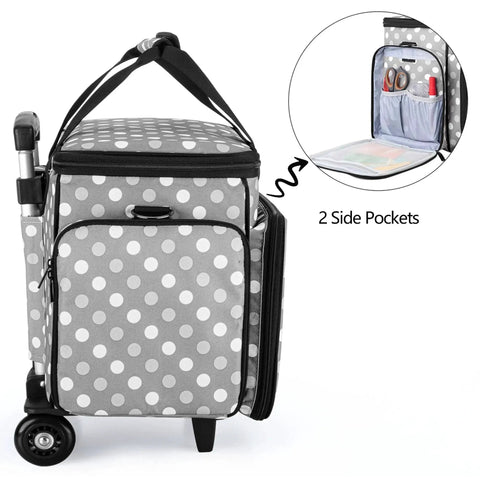 Side view of Detachable Dolly Sewing Machine Case With Rolling Tote And Removable Bottom Pad For Standard Sewing Machines, gray dots design