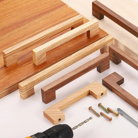 4 Inch Hole Center Square Wood Drawer Pulls Set Of 2 With Screws Ash Wood Cabinet Handles for kitchen dresser, solid ash wood on wooden surfaces.