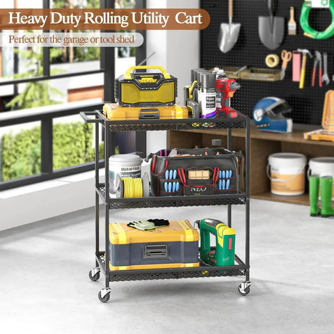 Heavy duty three tier rolling utility kitchen cart with metal construction and wire shelves on wheels in a garage setting.
