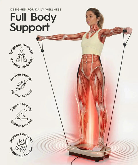 Person using Wave Board With Red Light Therapy And Vibration Plate For Lymphatic Drainage, with resistance bands and remote