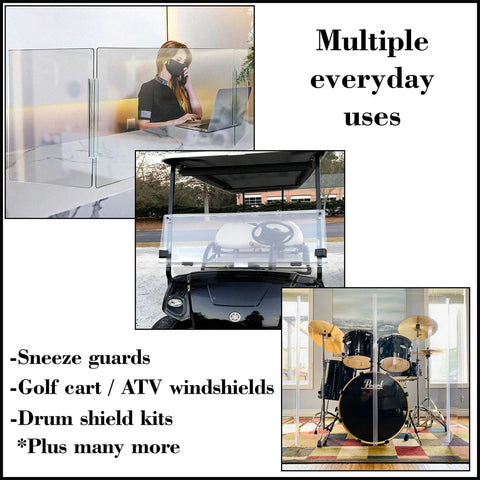 Collage of clear PVC piano style hinge used for sneeze guards, golf cart windshields, and drum shield kits.