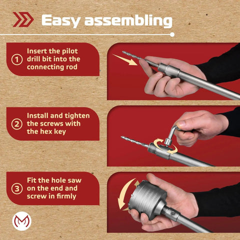 Steps demonstrating easy assembly of Heavy Duty 17 Piece Concrete Hole Saw Kit With SDS Plus And SDS Max Shanks.