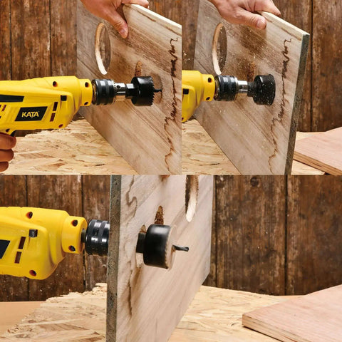 Six Piece Hole Saw Kit With Case And Mandrels For Soft Wood PVC And Plywood 1-1/4 To 2-1/8 Inch 32-54mm Set KATA in use on wood