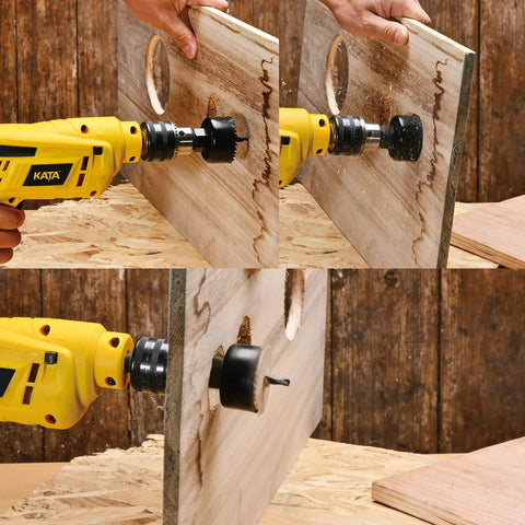 Using 8 Piece Hole Saw Kit With Case 1 To Two And One Eighth Inches Includes Five Saw Blades Mandrel Two Drill Bits And Hex Key For Soft Wood PVC Plywood Ideal For DIY Projects And Home Improvement Tasks Cutting Soft Wood PVC Board And Plywood With A Durable on plywood with drill