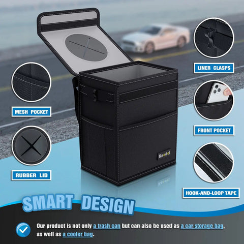 Leakproof 2 Gallon Car Trash Can With Lid Black Waterproof Organizer For Cars With Adjustable Straps That Mount Anywhere For A Clean Ride That Keeps Spills Contained Odors Locked Down showing top view with open lid and mesh pocket.