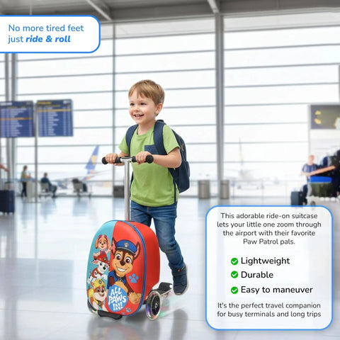 Kids Ride On Suitcase Scooter Luggage With Light Up Wheels And Easy Steering For Toddlers Featuring Paw Patrol design in airport