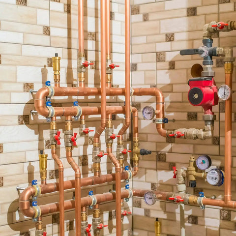 Plumbing system with brass fittings, showcasing Brass Hex Bushing 1/8 NPT Female To 3/4 NPT Male Reducer Fittings Pack Of 2 installed.