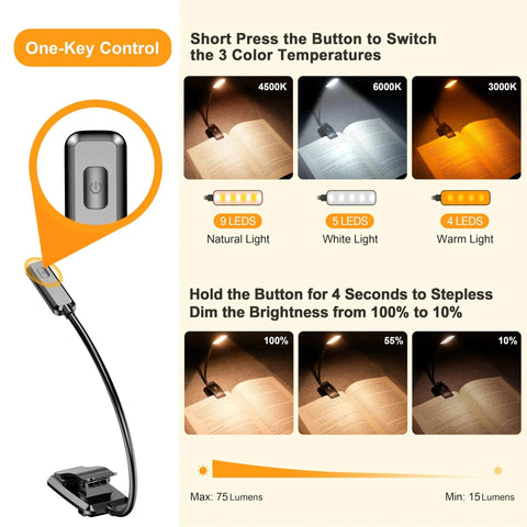 Rechargeable Clip On Book Light With 9 LEDs 3 Color Modes Stepless Dimming 80Hrs showing controls and color modes