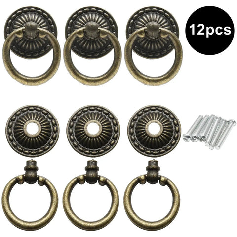 12 Pieces Antique Bronze Drawer Ring Pulls With Flower Pattern, 1.38 Inch Diameter, Includes 12 Screws, Zinc Alloy Vintage Cabinet Hardware