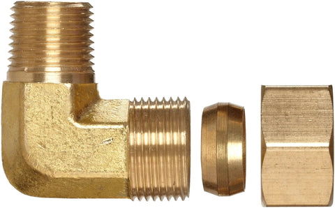 Brass elbow compression fitting set, 5/16 in compression x 1/4 in male pipe, three pieces