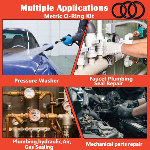 Dope 419 Piece Universal Metric O Ring Kit With 32 Sizes Buna N 70A Rubber Seals shown in various application images
