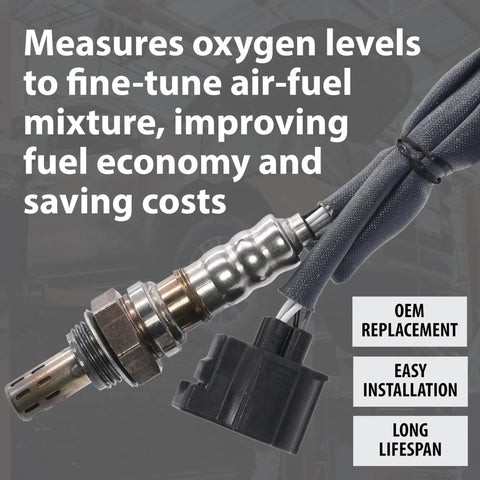 Close-up of Direct Fit Oxygen Sensor 4 Wire O2 Sensor OEM Replacement For Improved Fuel Efficiency Lower Emissions And Better Engine Performance Easy Plug And Play Install For Most Vehicles, showing metallic tip and black connector.