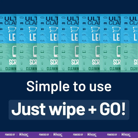 Premoistened Lens Cleaning Wipes for Glasses and Screens Optical 210 Pack packaging with "Simple to use, Just wipe + GO!" text.