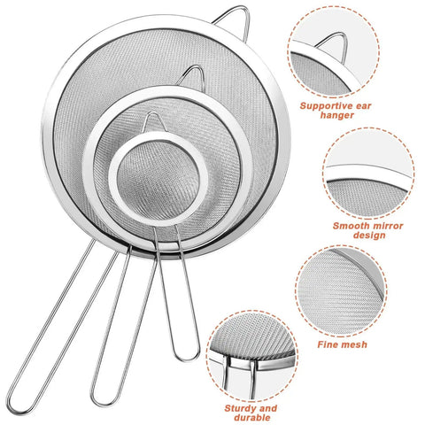 Three Piece Fine Mesh Strainer Set With Handles For Sifting Wet Or Dry Ingredients In The Kitchen Go To Stainless Steel Sieve Ideal For Rice Juice Quinoa Flour Baking Includes 3.15 Inch 5.5 Inch And 7.87 Inch Strainers showcasing design details