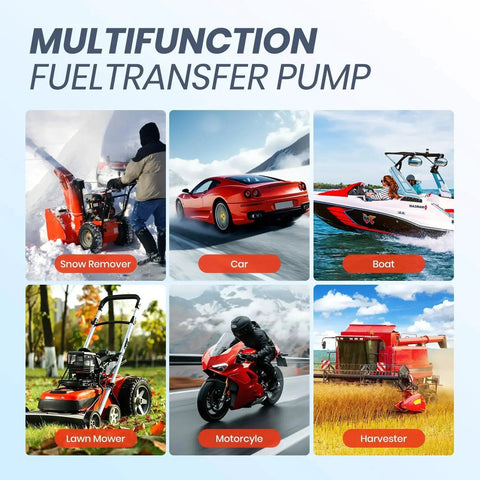 Collage of images showing a snow remover, car, boat, lawn mower, motorcycle, and harvester related to Electric Fuel Transfer Pump With Auto Stop Sensor And Leak Protection 3 GPM.
