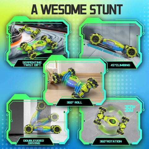 "Gesture Sensing RC Epic Stunt Car 1 12 Scale 4WD performing stunts and drifts, showcasing dual control modes and all-terrain capabilities."