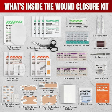 Contents of No Stitch Wound Closure Kit with three types of butterfly bandages, zip bandages, dumbbell bandages, and triple antibiotic ointment