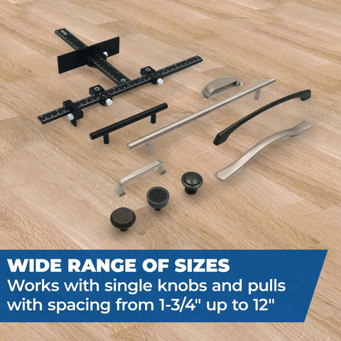 Cabinet Hardware Jig Pro for Easy Knob and Pull Installations with adjustable drill guides and knobs on wooden surface