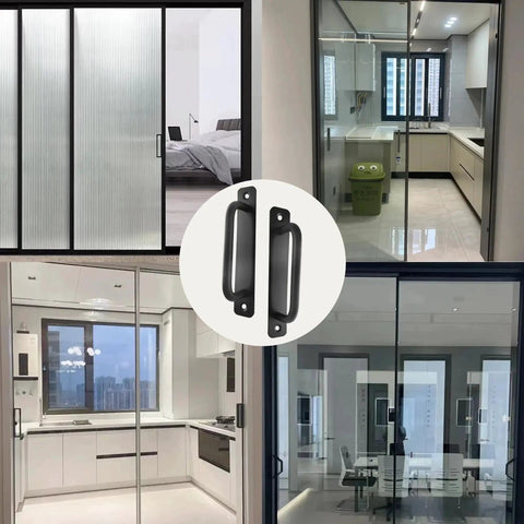 5 Inch Sliding Barn Door Handle Black Aluminium Alloy Gate Pull shown on four different doors and cabinets, set of 2 pieces.