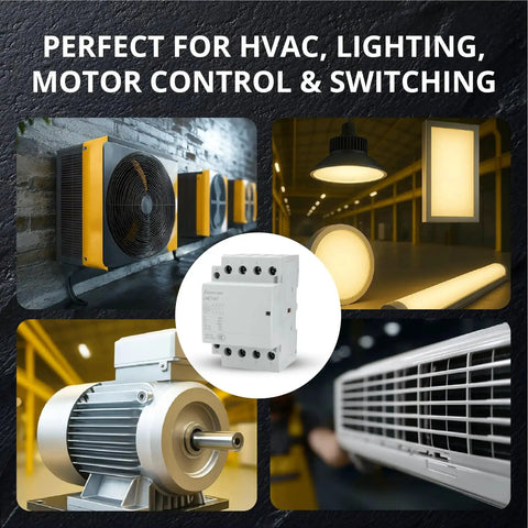Image collage of HVAC, lighting, and motor control with 8 Pole Contactor Bundle With Dual 4 Pole NO AC Contactors 120V Coil highlighted