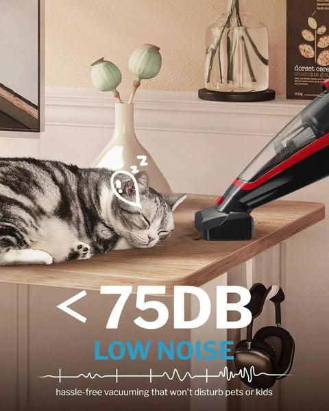 Pet Hair Handheld Vacuum Cordless With Rechargeable Battery Motorized Brush And Reusable Filters next to sleeping cat on table