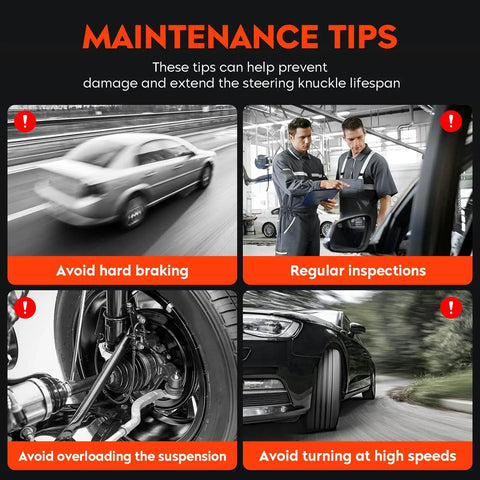 Maintenance tips for Heavy Duty Steering Knuckle And Wheel Bearing Hub Assembly with car and mechanic images.