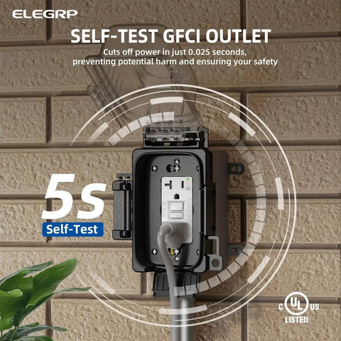 Outdoor GFCI Outlet Kit With Weatherproof In Use Cover And Metal Box, 1 Gang, 20 Amp Self Test Receptacle, wall installation view