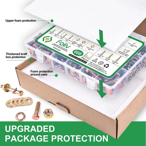 608-Piece Heavy Duty Grade 8.8 Alloy Steel Bolts And Nuts Assortment Kit with packaging protection details visible.