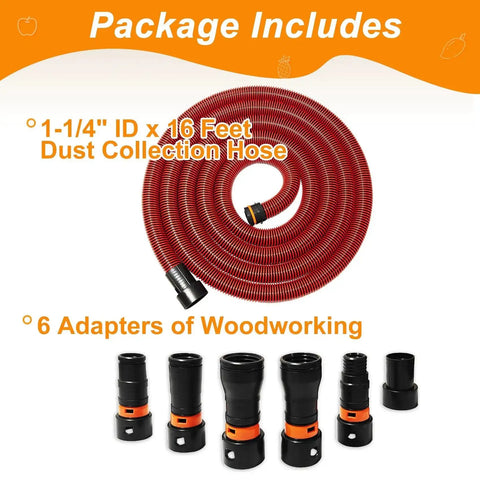 Versatile 16 Foot Vacuum Hose Kit With 6 Adapters For Dust Collection Fits Major Vacuum Brands displayed in package