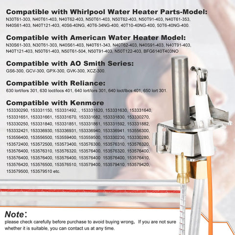 Water heater pilot assembly with thermopile; side view, metal valve with orange tube; compatible with Whirlpool, AO Smith.
