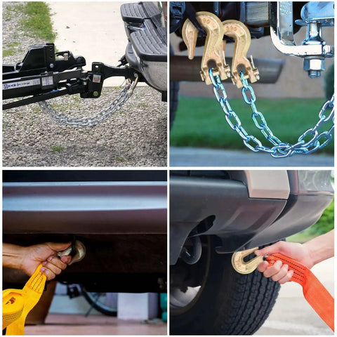 Various views of Grade 80 3/8 Chain Hook Clevis Grab Hook 4 Pack Heavy Duty Tow Hook 7,100 Lbs installed on trucks, showing usage.