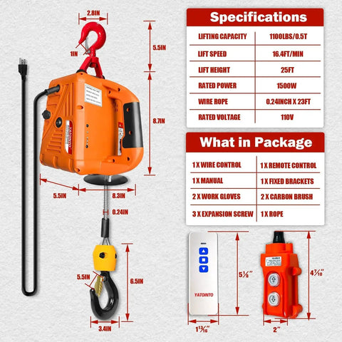 3 In 1 Portable Winch 1100 Lbs 1500W With Manual Wireless And Wired Remote, orange winch with specifications and accessories shown.