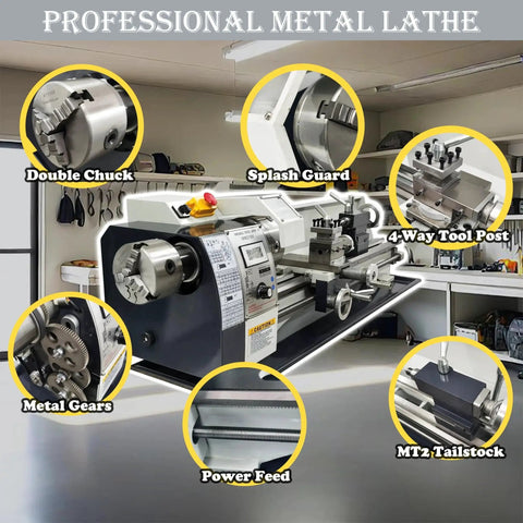 Beefy 8x31 Inch Metal Lathe For DIY Turning With Dual Chuck Bench Lathe 1100W Brushless Motor in a workshop setting.