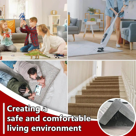 Family enjoying playtime and vacuuming with No Slip Rug Grippers Kit keeping area rugs in place, ensuring safety and comfort.