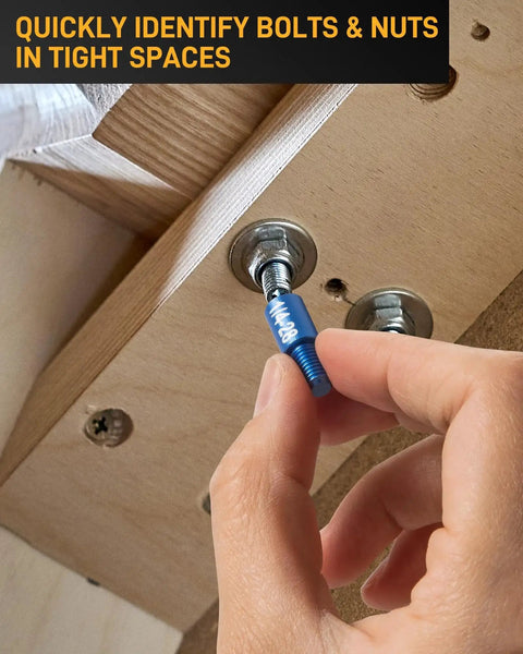 Using 66 Piece Nut and Bolt Thread Checker Kit With 34 SAE Blue and 32 Metric Red Thread Gauges in a tight space