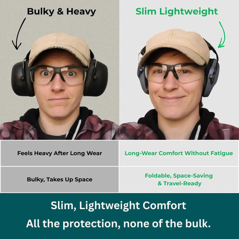 Comparison of bulky earmuffs versus slim 34 dB NRR Hearing Protection Ear Muffs For Loud Events And Sensory Use Ultra Slim And Lightweight Design