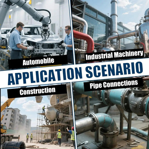 Application scenarios for automotive, industrial machinery, construction, and pipe connections displayed in four sections.