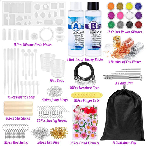 Beginner Resin Craft Kit With Molds And Silicone For Epoxy Resin Projects Includes Dried Flowers Foil Flakes Necklace Cord Earring Hooks